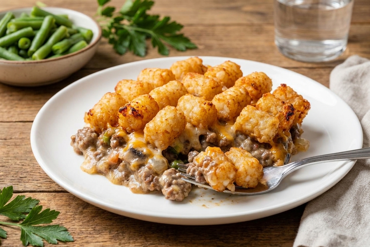 A plated serving of tater tot hotdish with crispy tater tots on top and creamy beef filling underneath on a dinner table