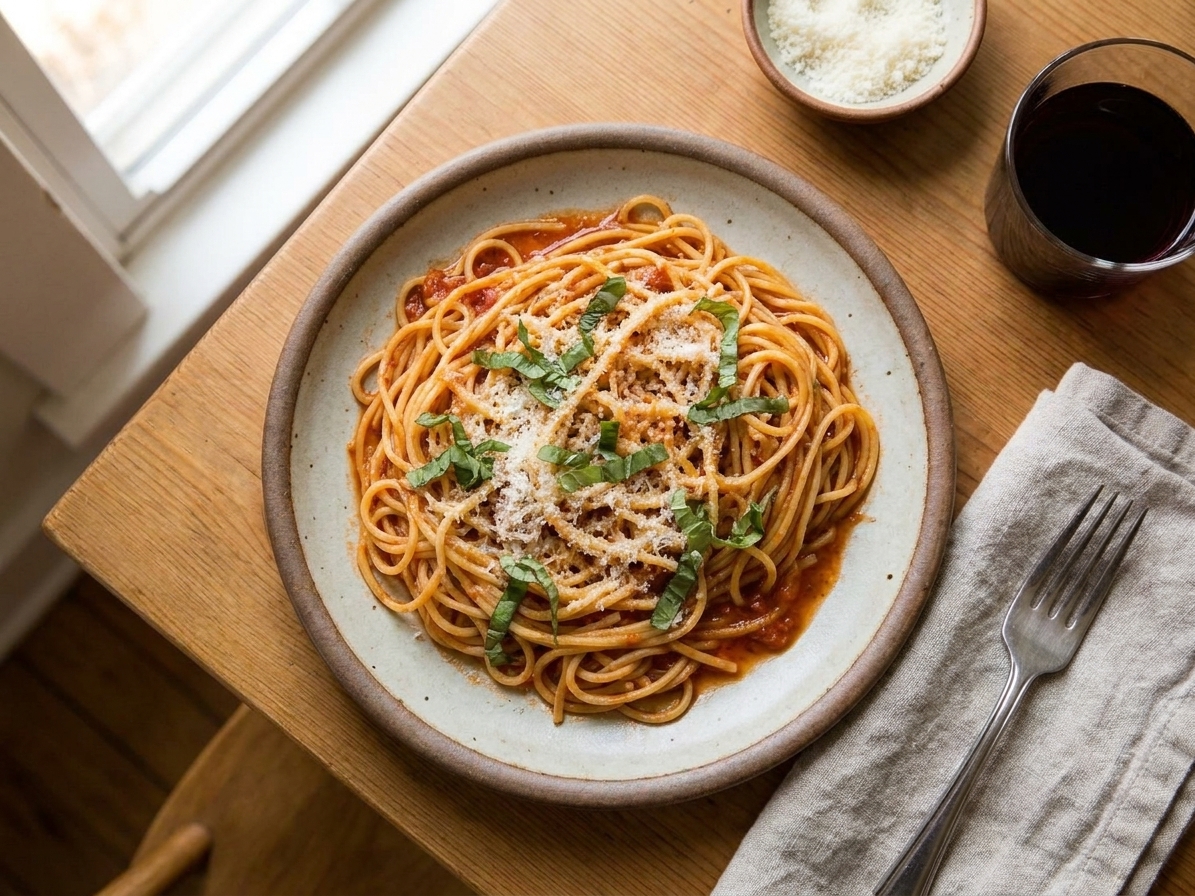A plated serving of tomato butter pasta topped with freshly grated parmesan and basil on a simple dinner table setting