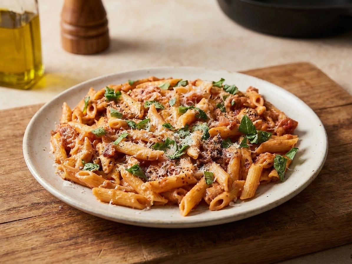 A plated serving of tomato cream pasta topped with grated Parmesan and torn basil on a simple dinner table setting