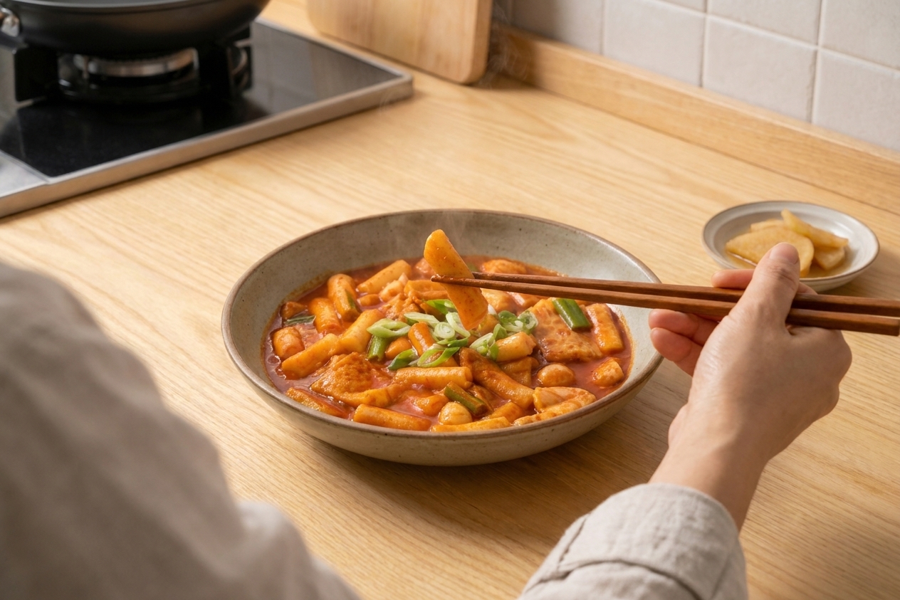 A plated serving of tteokbokki in a shallow bowl with chopsticks and a simple home table setting under warm kitchen lighting