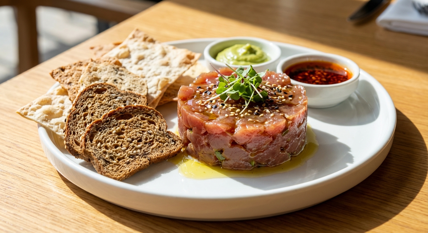 A plated serving of tuna tartare formed into a neat mound on a white plate with crackers on the side