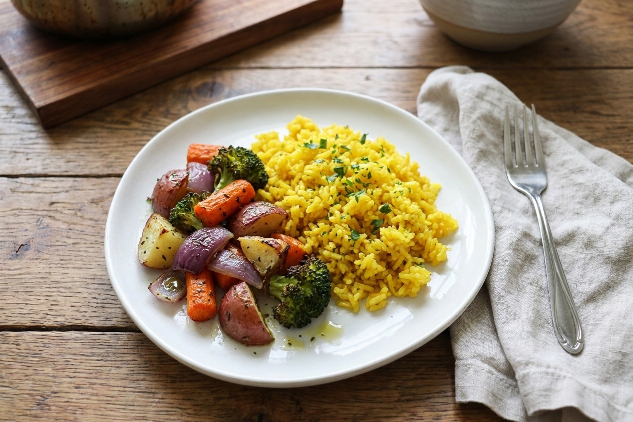 A plated serving of turmeric rice on a white plate next to roasted vegetables on a wooden dinner table with simple cloth napkins
