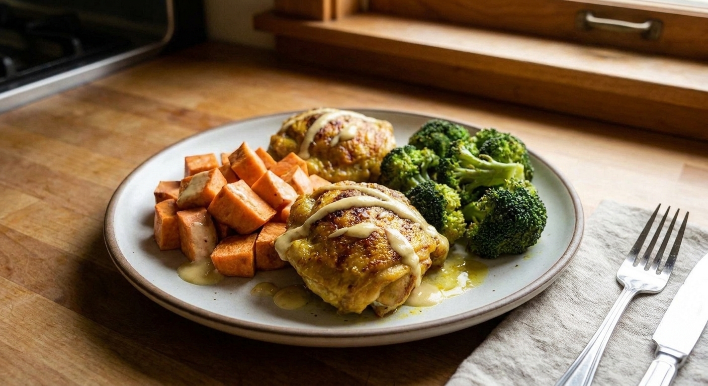 A plated serving of turmeric-roasted chicken with sweet potatoes and broccoli, finished with a lemon-tahini drizzle on a simple dinner plate at a table setting