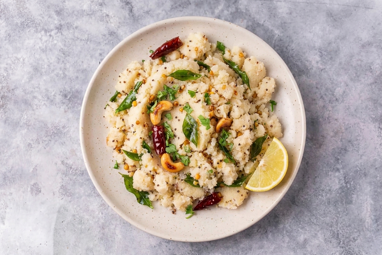 A plated serving of upma topped with cilantro and toasted cashews with a lemon wedge on the side, set on a simple ceramic plate