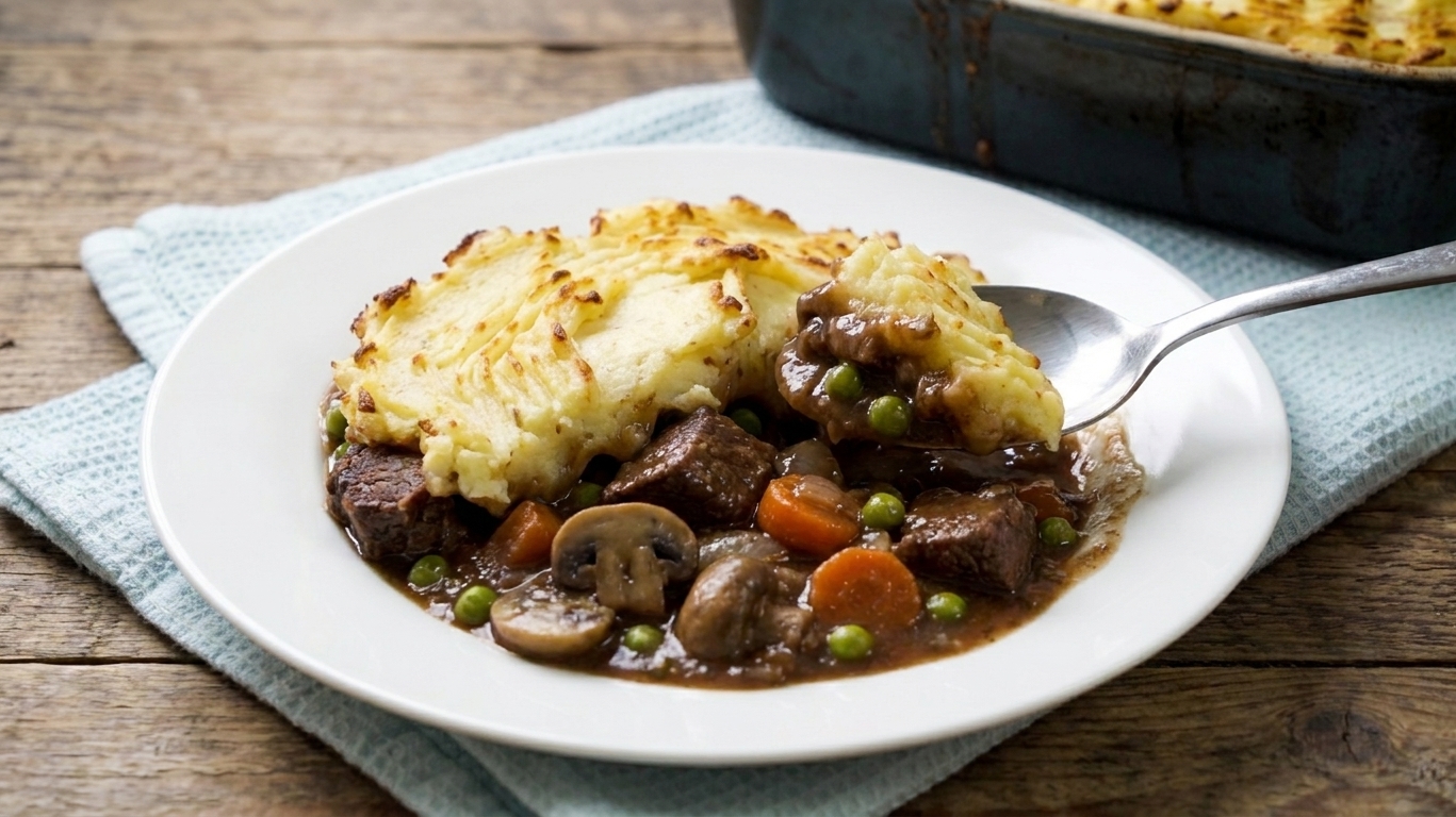 A plated serving of venison casserole on a white dinner plate with a spoonful showing the mashed potato topping and rich venison mushroom filling