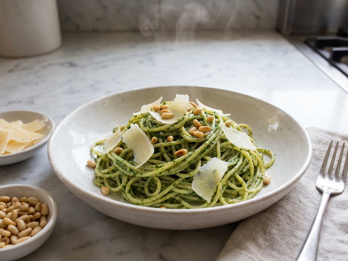 A plated serving of watercress pesto pasta topped with shaved Parmesan and toasted nuts on a simple dinner table setting