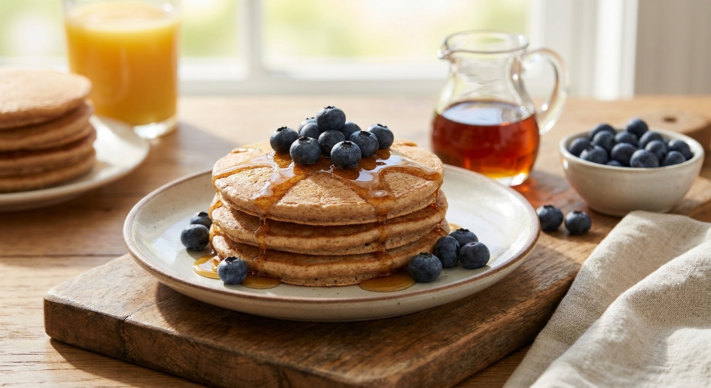 A plated serving of whole wheat pancakes topped with fresh blueberries and a drizzle of maple syrup on a simple breakfast table setting