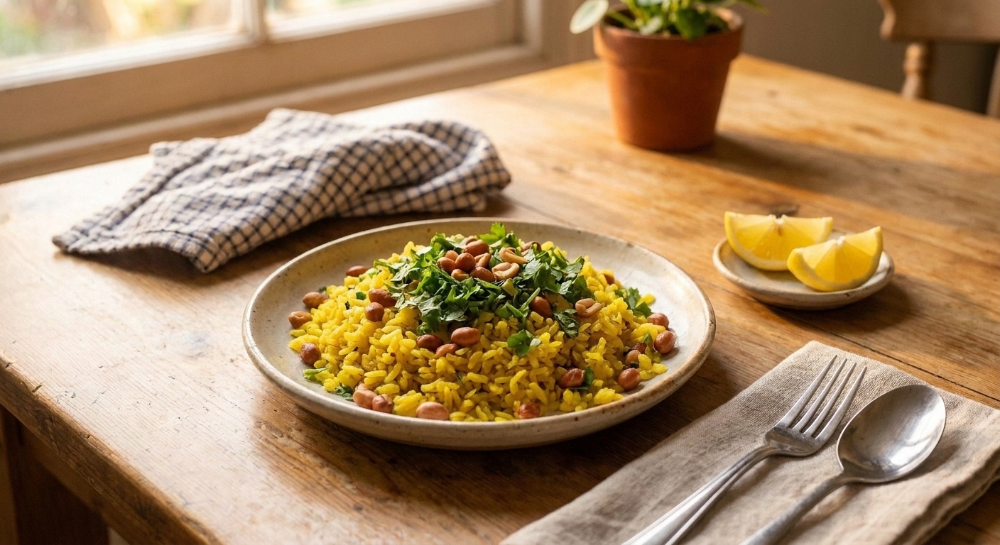A plated serving of yellow poha topped with cilantro and peanuts, with lemon wedges on the side on a simple dinner table