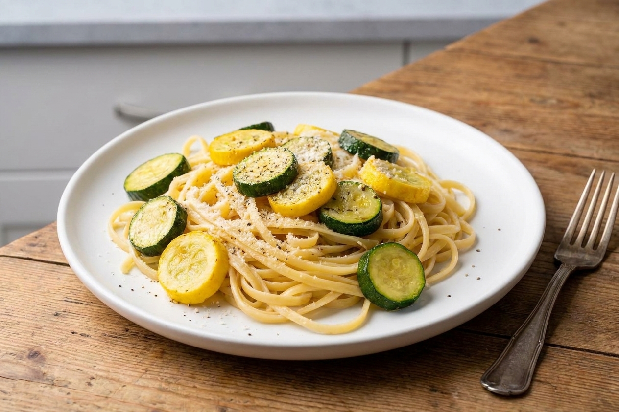 A plated serving of zucchini and yellow squash pasta topped with grated Parmesan and cracked black pepper on a simple white plate