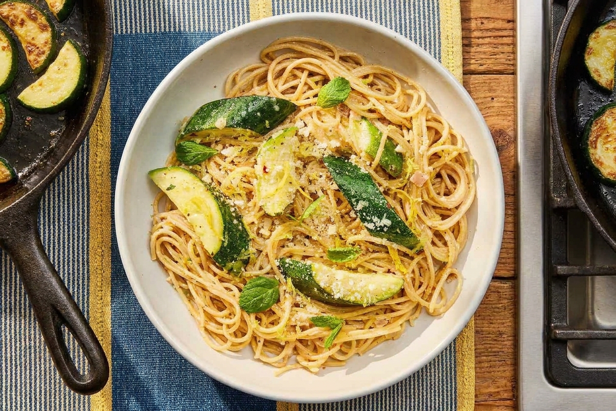 A plated serving of zucchini pasta topped with fresh lemon zest, cracked black pepper, and a snowy sprinkle of Parmesan on a light ceramic plate