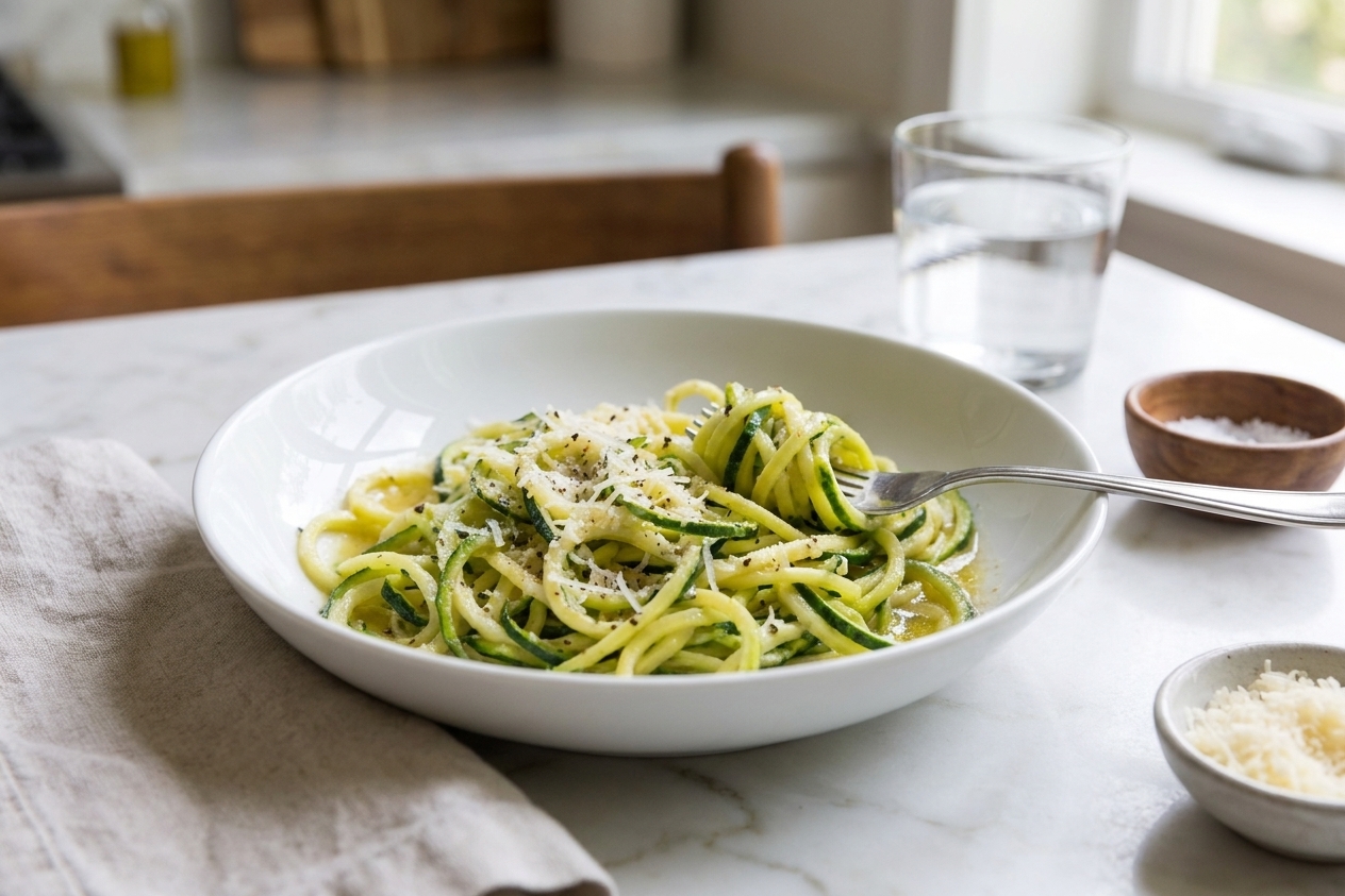 A plated serving of zucchini squash noodles topped with grated parmesan and herbs on a simple dinner table