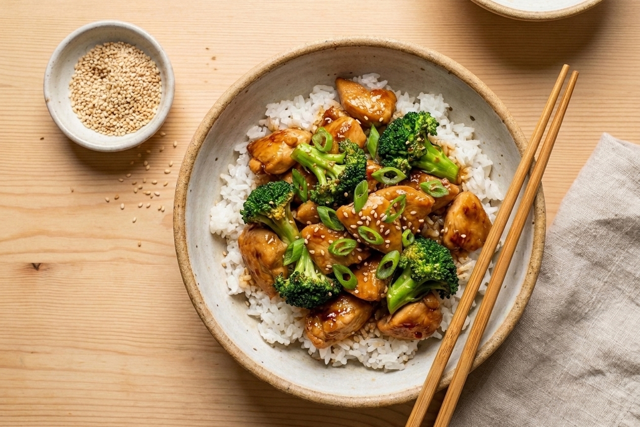 A plated sesame-ginger chicken and broccoli rice bowl topped with sliced scallions and sesame seeds