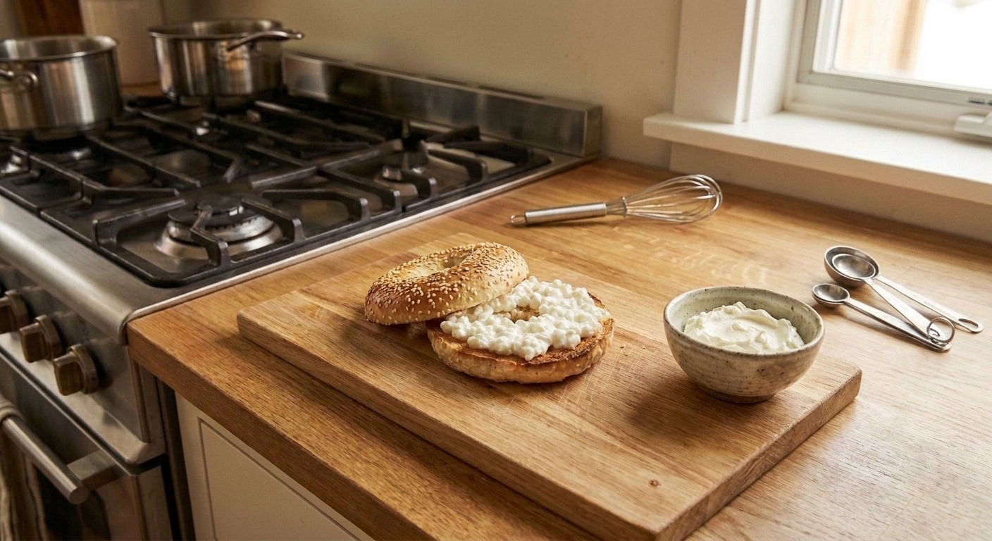 A plated sesame-topped cottage cheese bagel, sliced and lightly toasted, on a wooden cutting board with a small dish of cream cheese in a bright home kitchen