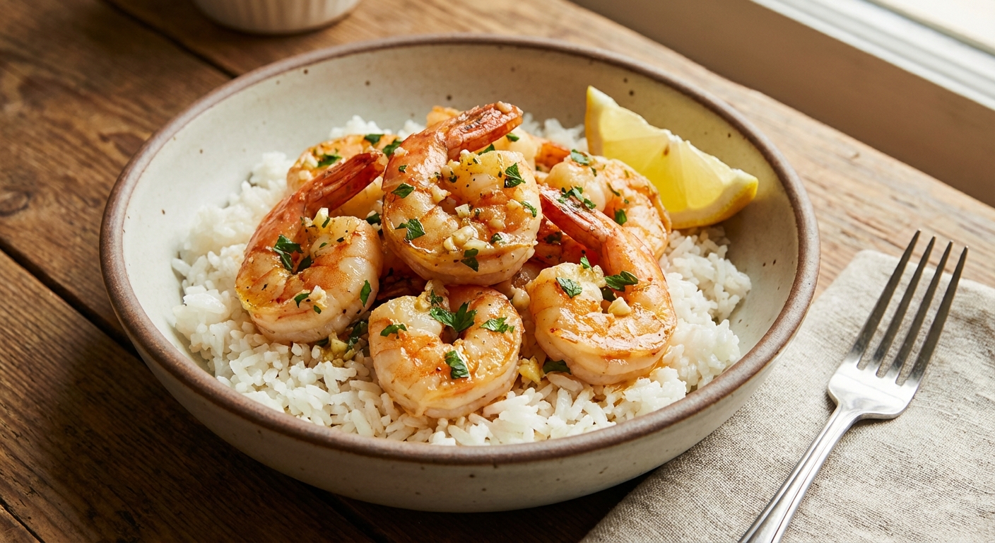 A plated shrimp bowl with white rice, garlic butter shrimp, and a lemon wedge on the side