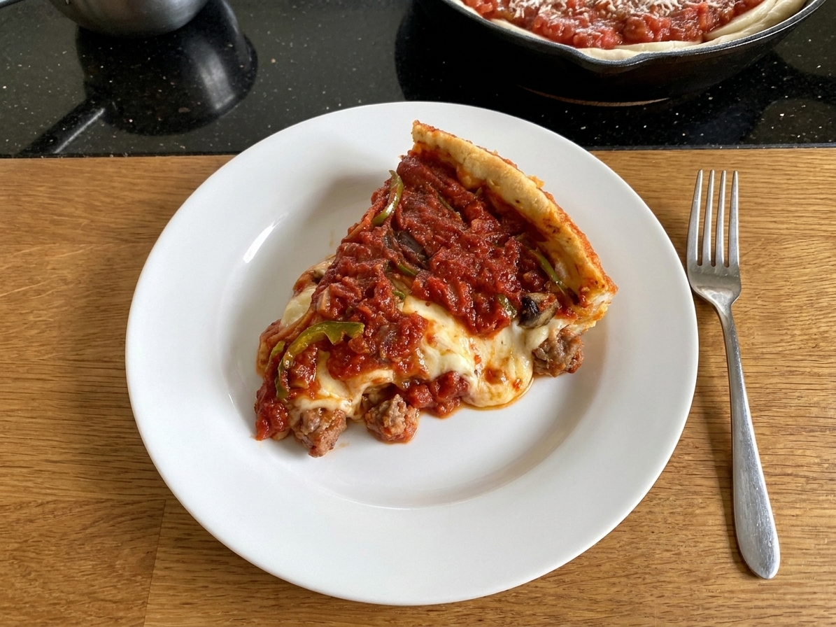 A plated slice of Chicago deep-dish pizza showing thick layers of mozzarella, sausage, and tomato sauce with a fork beside it on a wooden table