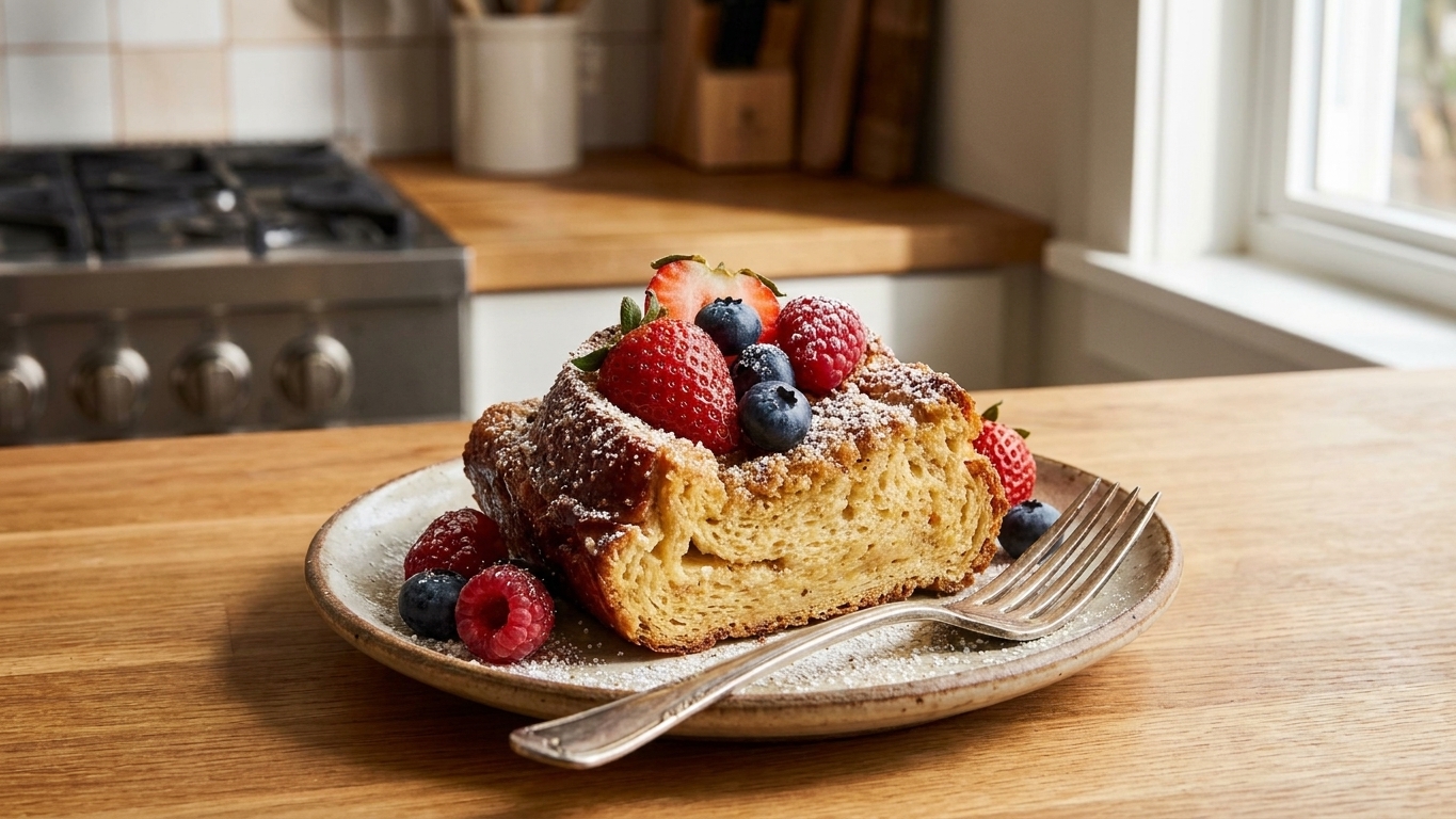 A plated slice of French toast bake topped with powdered sugar and fresh berries, with a fork on the side
