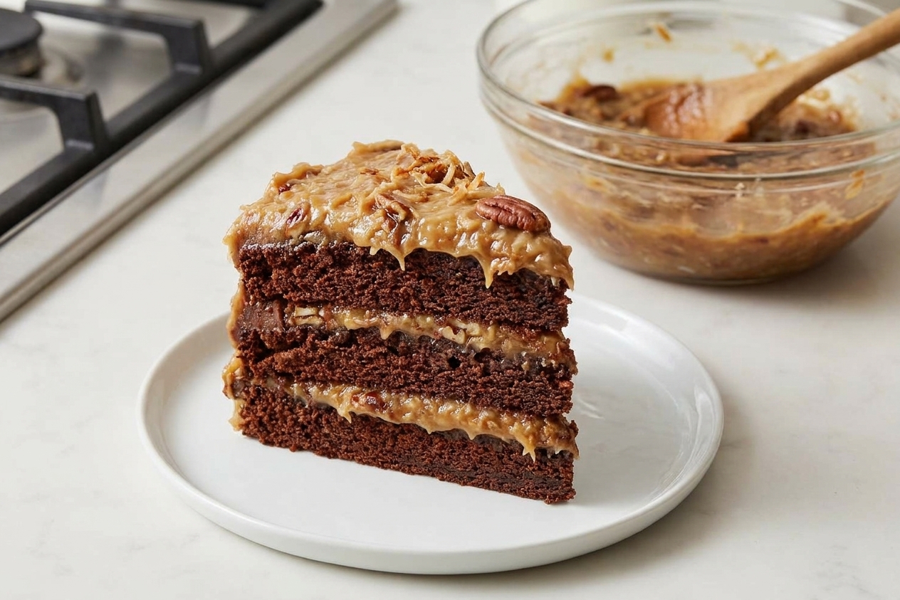 A plated slice of German chocolate cake showing three chocolate layers and thick coconut-pecan frosting on top in warm kitchen light