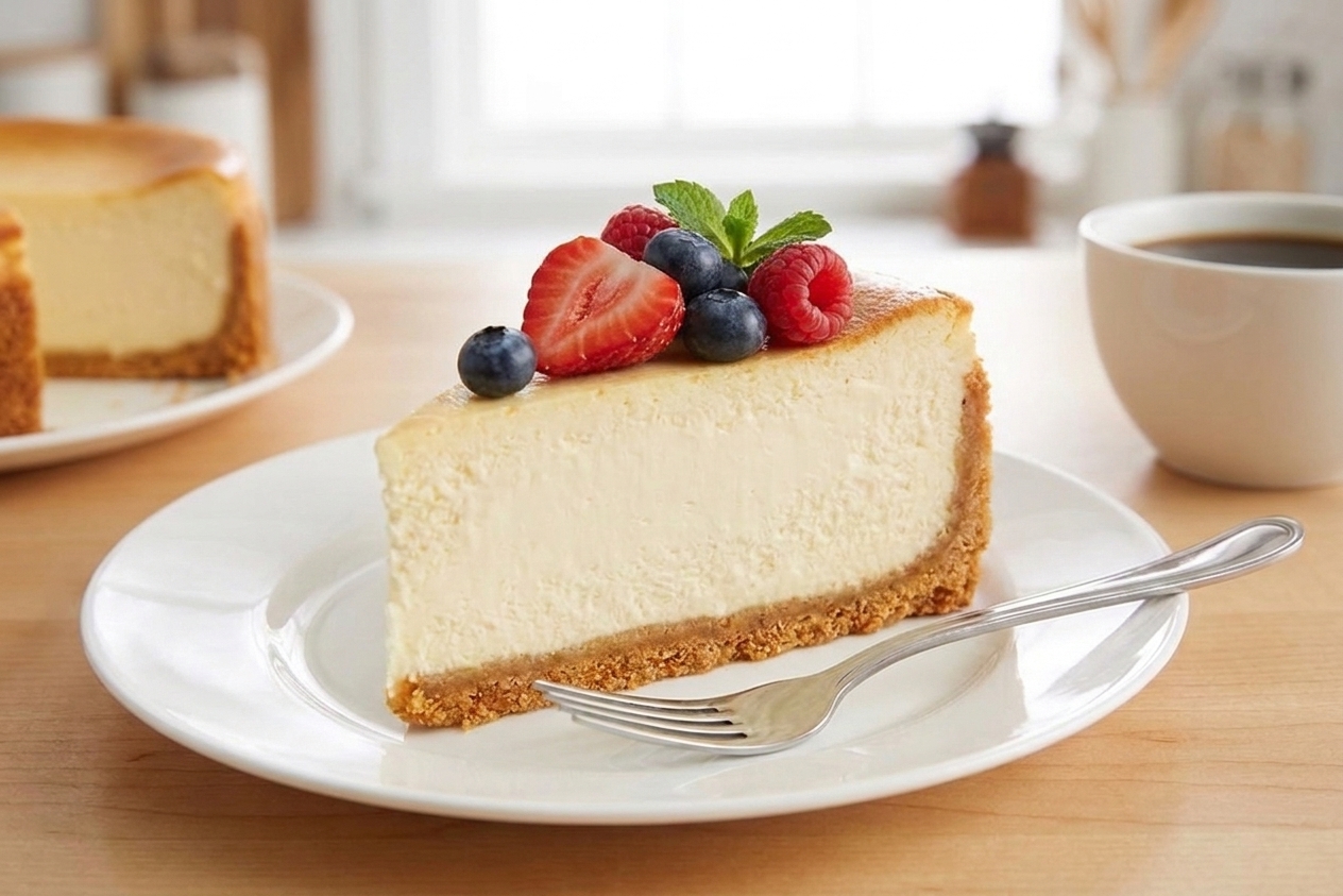 A plated slice of New York-style cheesecake topped with fresh berries on a simple wooden table setting with dessert fork