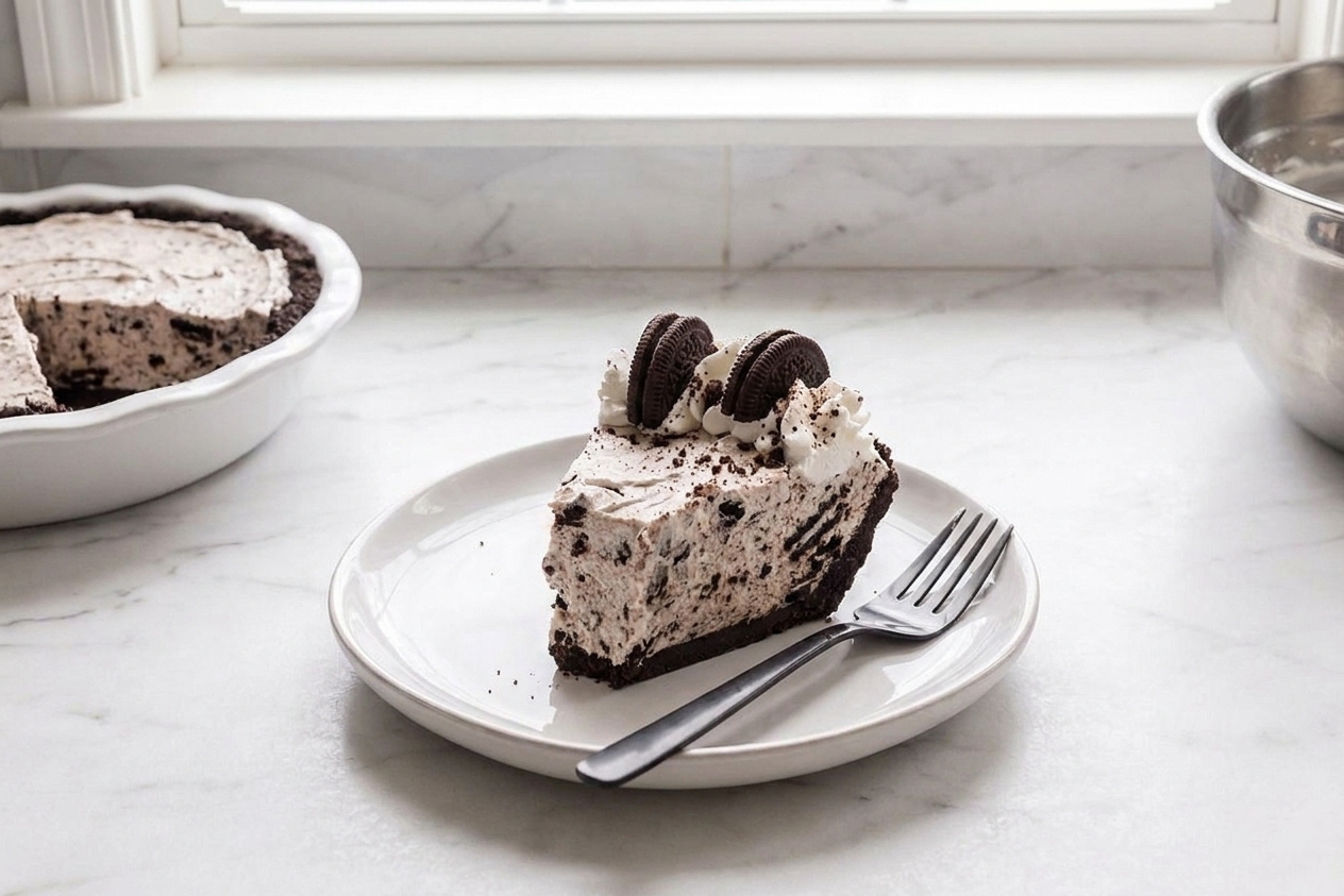 A plated slice of Oreo pie with a dollop of whipped cream on top, set on a simple table setting with a fork