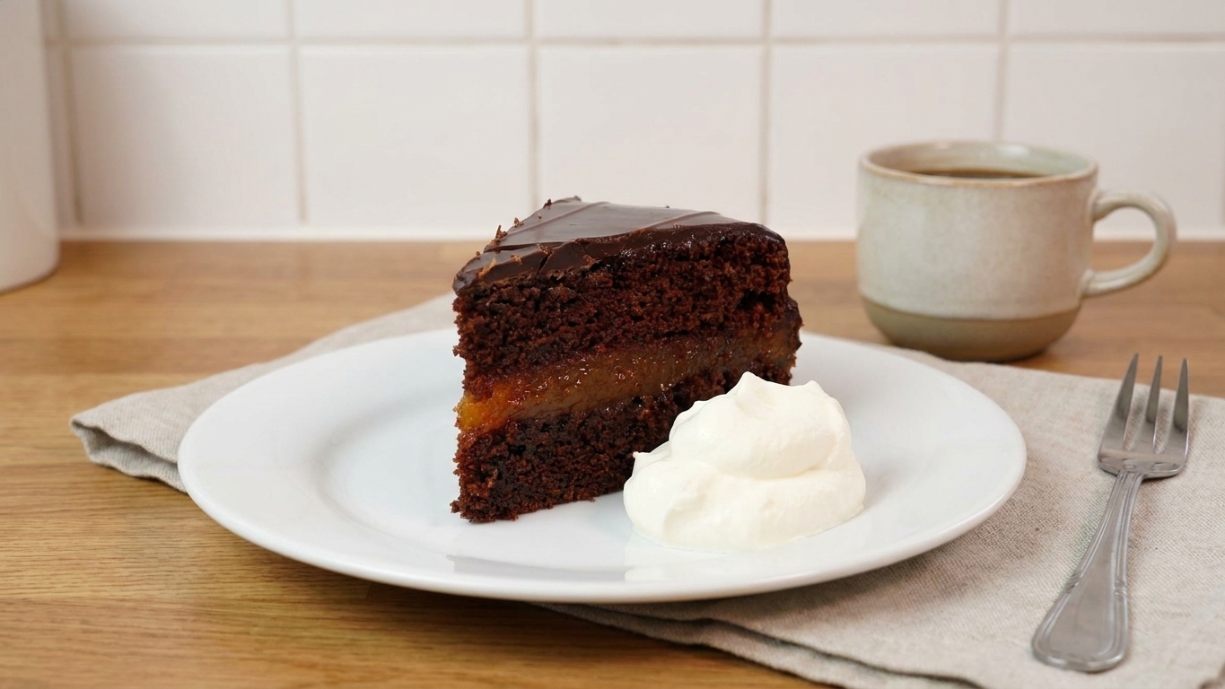 A plated slice of Sachertorte with a small dollop of whipped cream beside it on a simple dessert plate at a set table