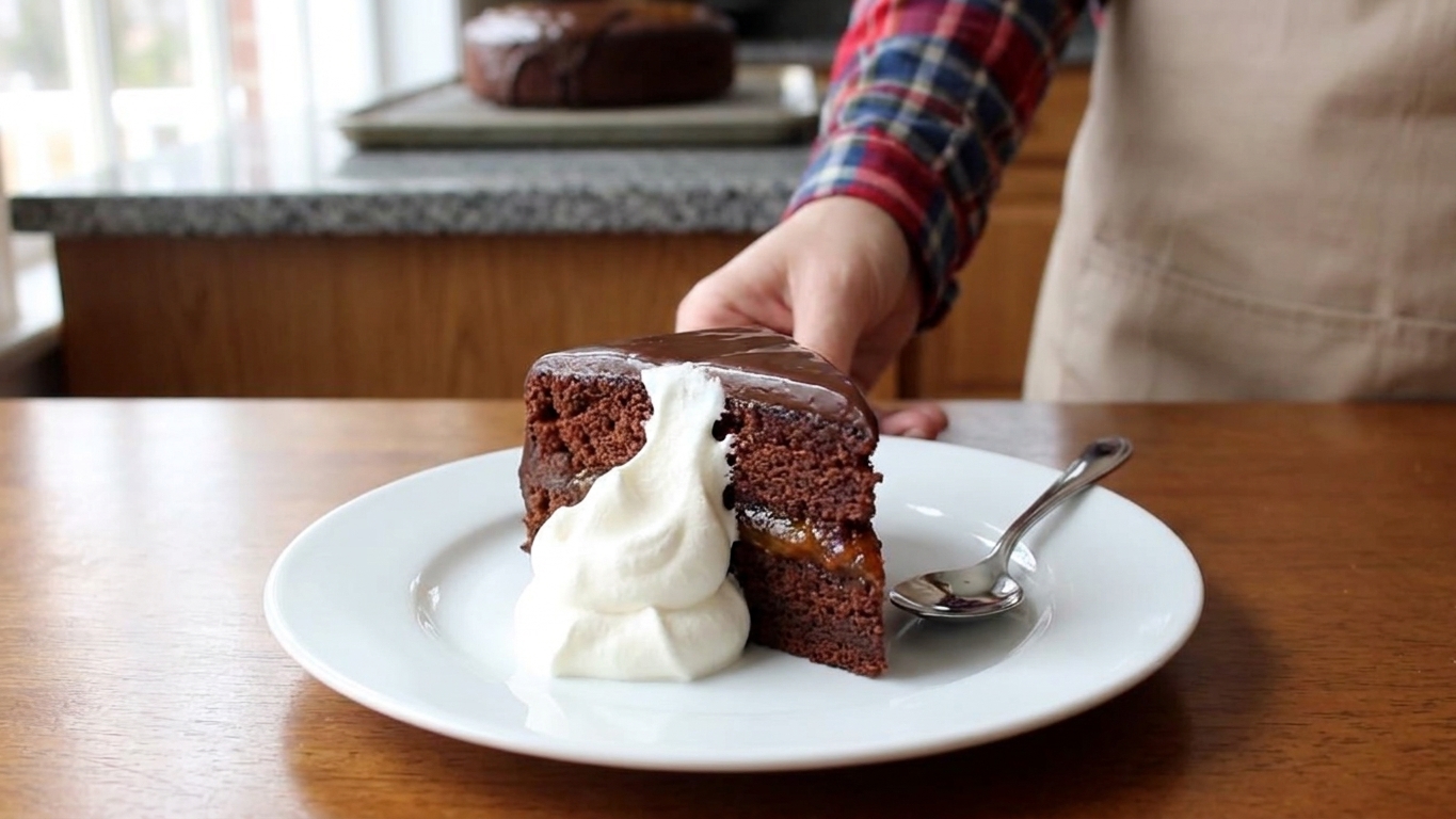 A plated slice of Sachertorte with a spoonful of whipped cream on the side, set on a simple dessert plate at a wooden table