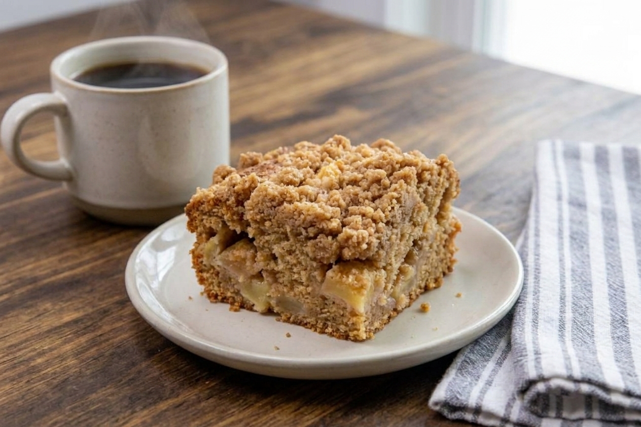 A plated slice of apple coffee cake with visible apple pieces and streusel crumbs, served on a small plate next to a mug of coffee on a wooden table