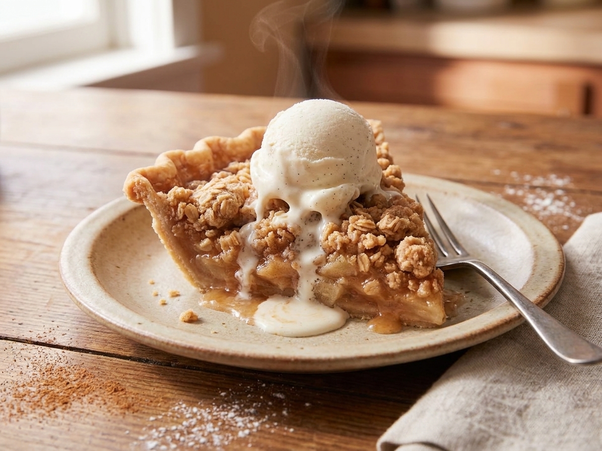 A plated slice of apple crumble pie with a scoop of vanilla ice cream melting slightly over the warm oat crumble topping on a wooden table