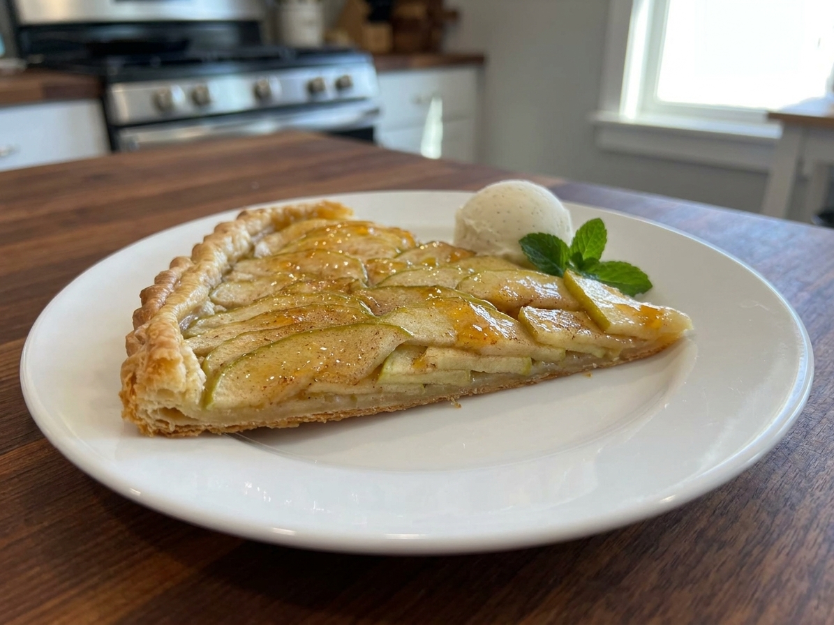 A plated slice of apple tart with a glossy top and crisp crust on a dessert plate