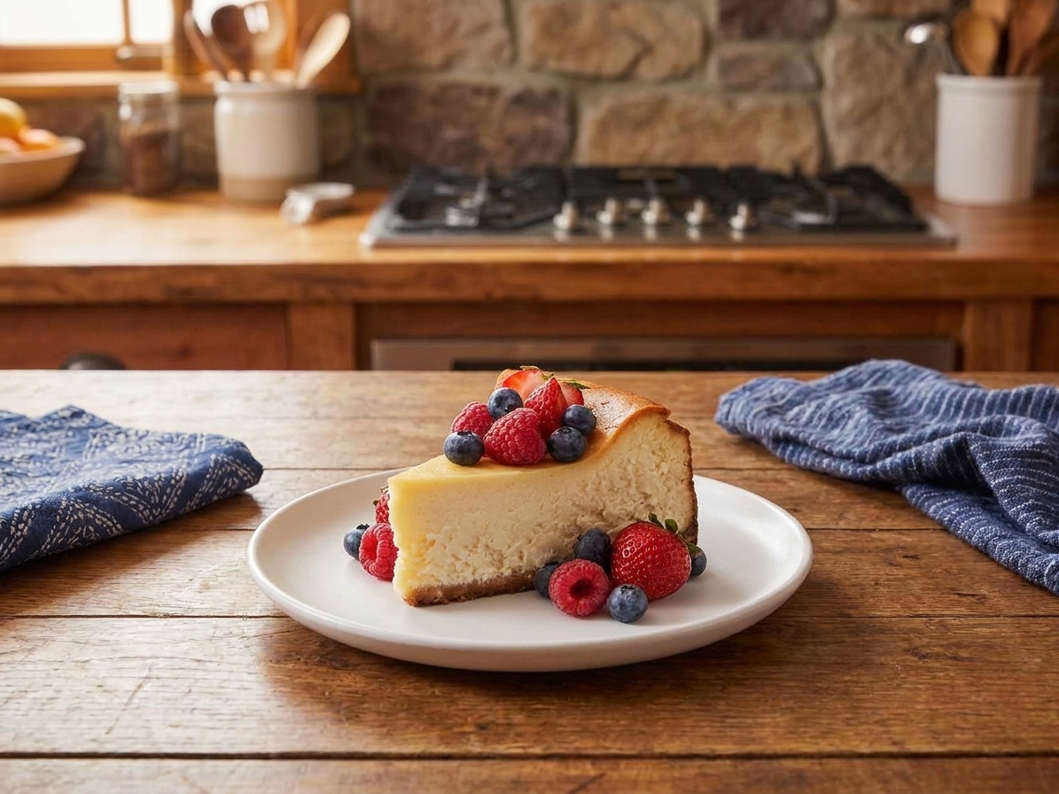 A plated slice of baked cheesecake topped with fresh berries on a simple white plate at a cozy table setting