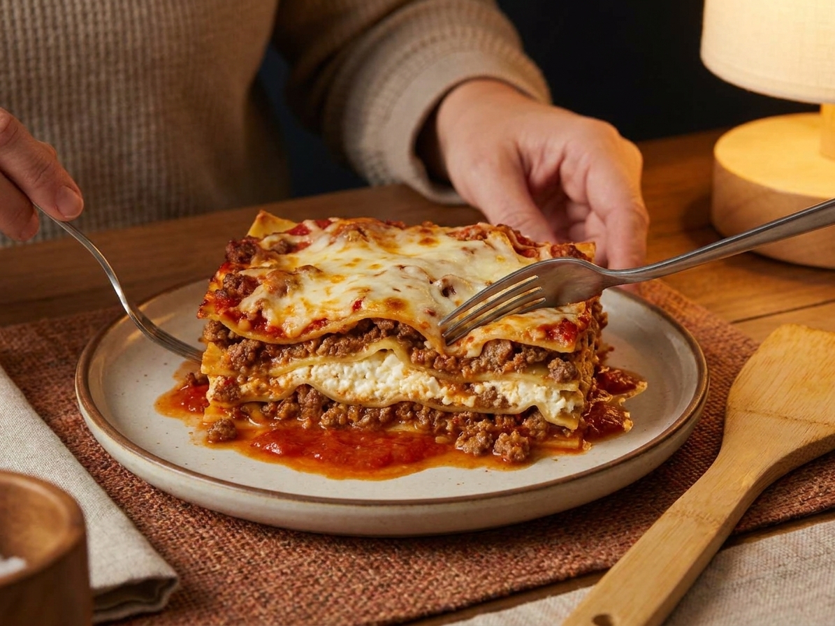 A plated slice of baked lasagna with visible cottage cheese layer and melted mozzarella, sauce pooled slightly on the plate, set on a simple dinner table with warm lighting