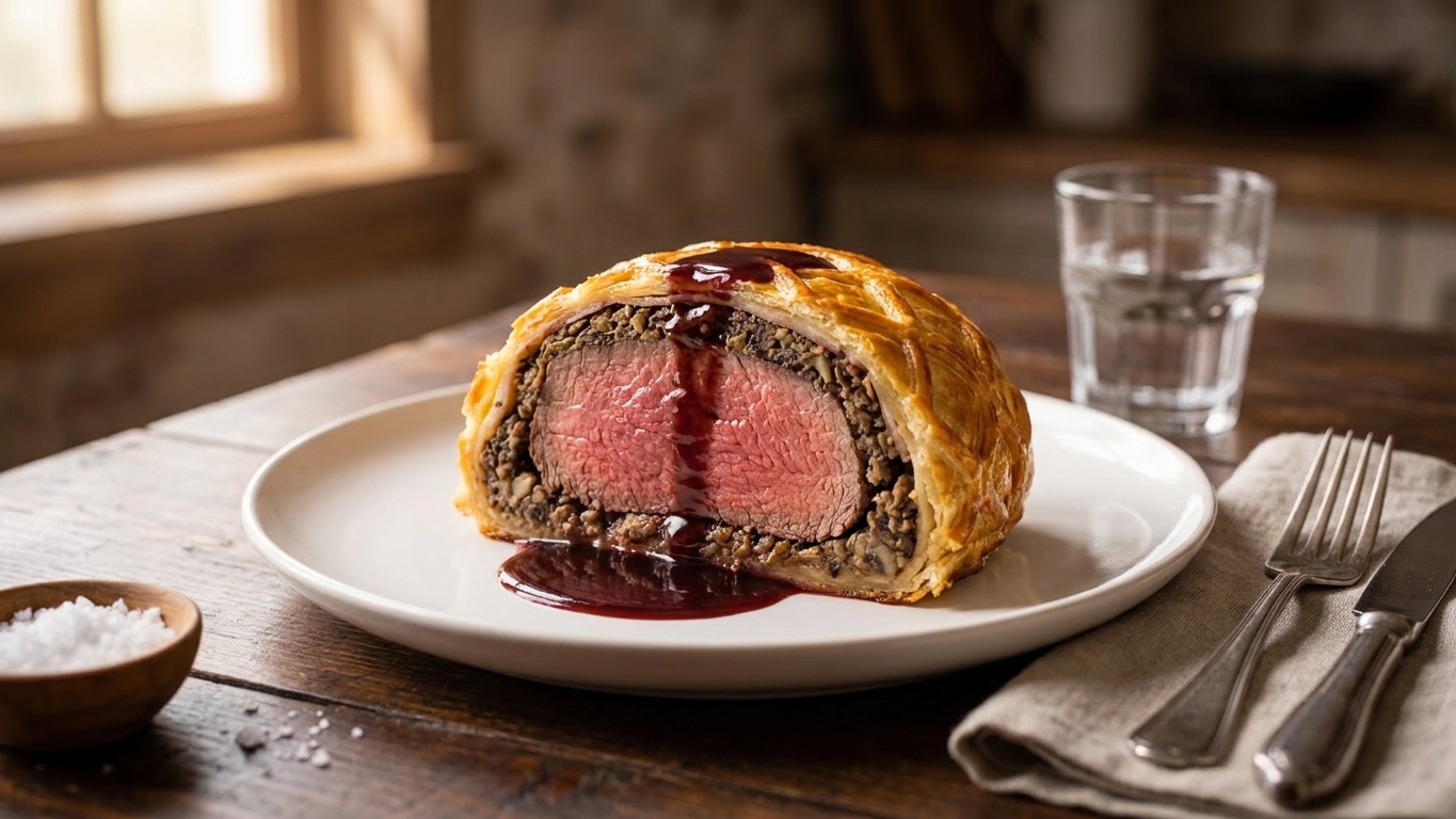 A plated slice of beef Wellington with a glossy sauce on a white plate at a simple dinner table setting with warm lighting