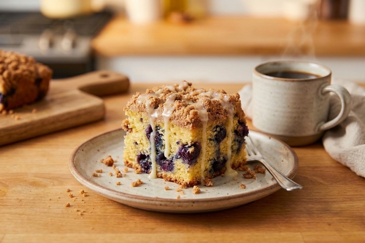 A plated slice of blueberry coffee cake with cinnamon streusel and a light lemon glaze drizzle, set on a small plate beside a mug of coffee on a breakfast table