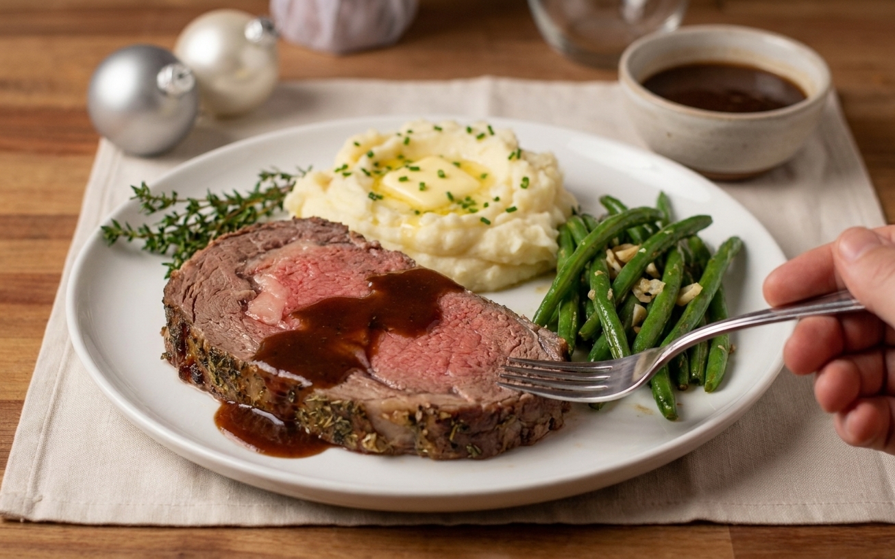 A plated slice of boneless prime rib with pan sauce, mashed potatoes, and green beans on a simple dinner table setting