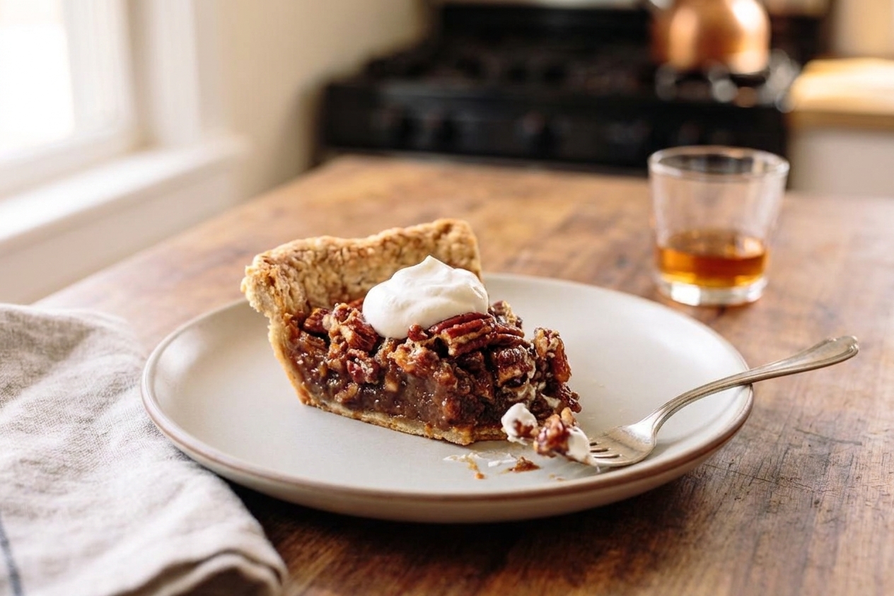 A plated slice of bourbon pecan pie topped with a spoonful of whipped cream on a wooden table setting