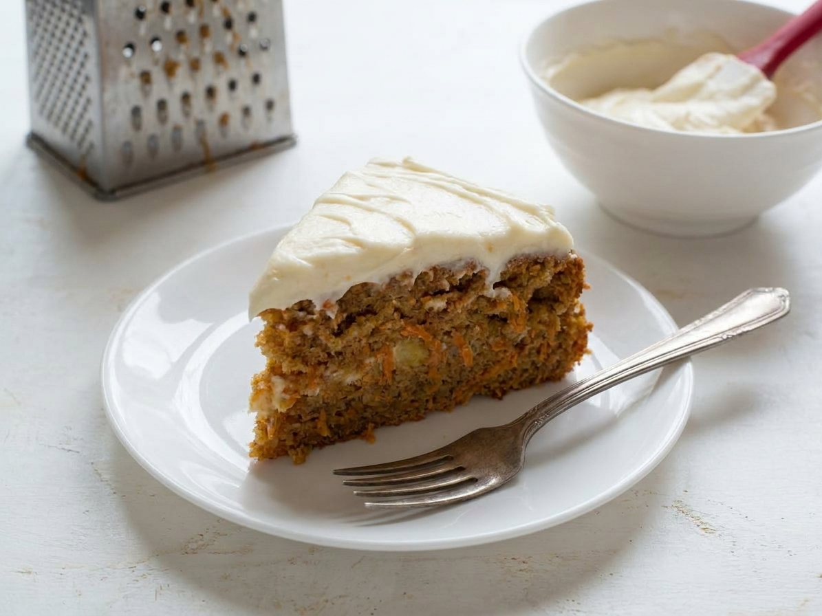 A plated slice of carrot cake with pineapple and cream cheese frosting, a fork resting on the plate on a simple table setting
