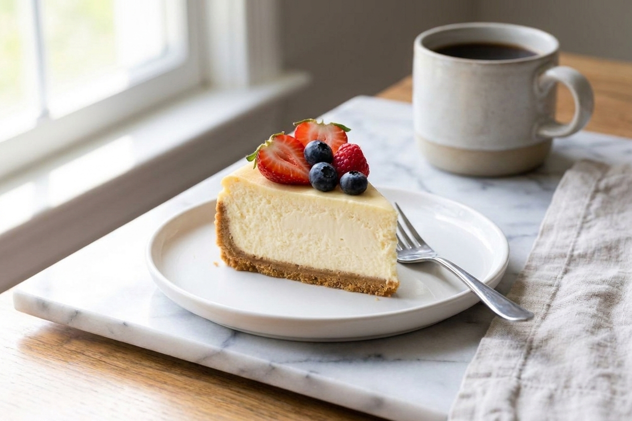 A plated slice of cheesecake with a few fresh berries on top on a simple table setting in natural light