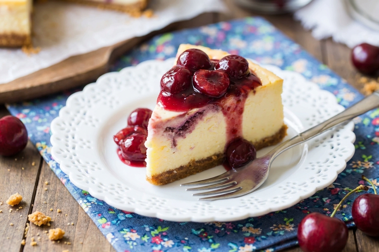 A plated slice of cherry cheesecake with a thick graham crust and glossy cherry topping on a white plate with a fork beside it