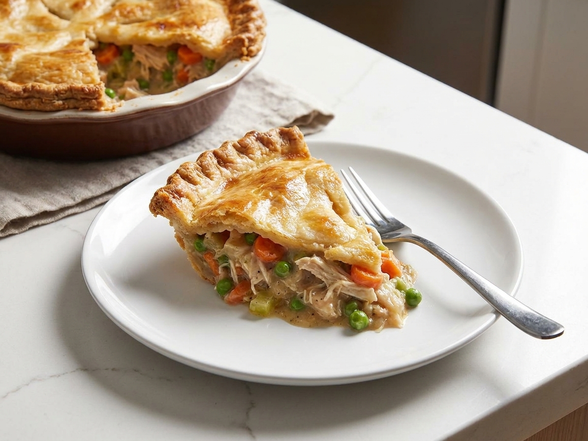 A plated slice of chicken pot pie with creamy chicken and vegetables on a simple dinner plate with a fork on the side