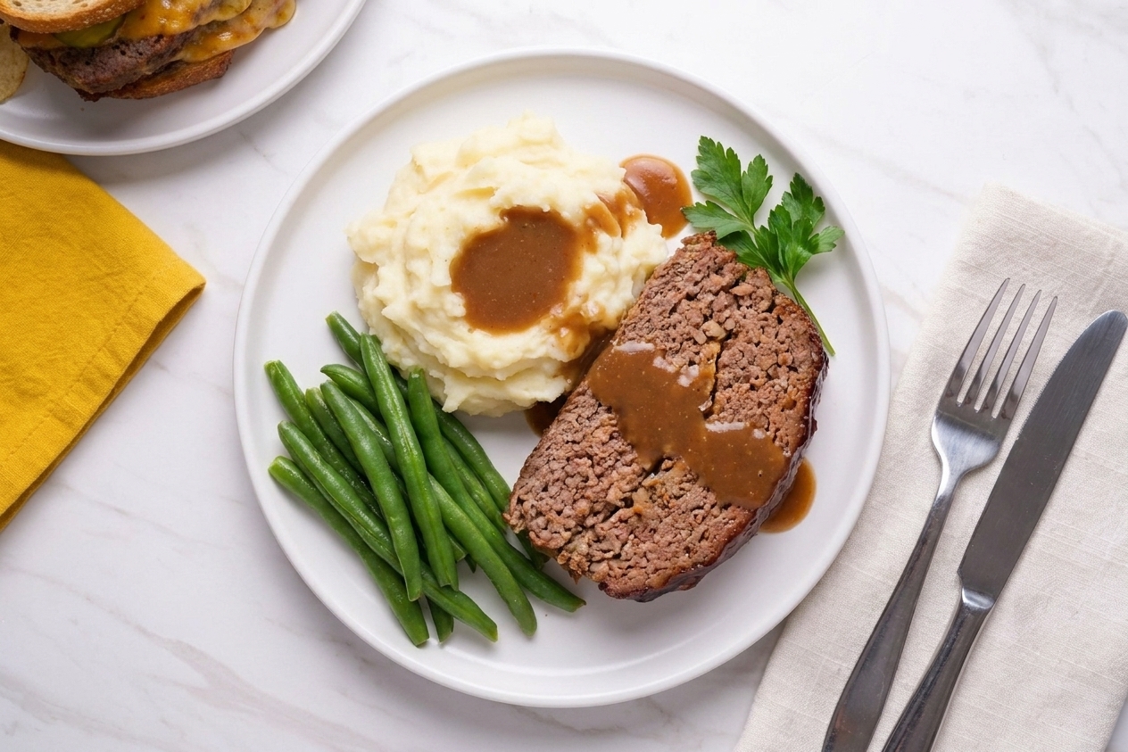 A plated slice of crock-pot meatloaf served with mashed potatoes and green beans on a simple dinner plate
