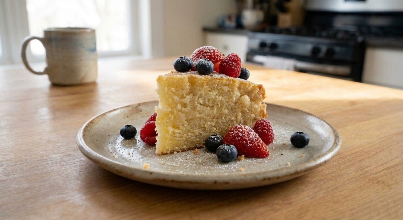 A plated slice of eggless vanilla cake with fresh berries and a light dusting of powdered sugar on a wooden table