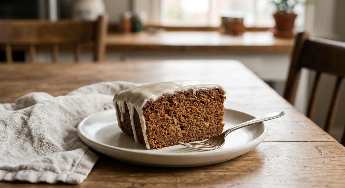 A plated slice of gingerbread cake with a light glaze, served on a simple white plate on a set dining table with a linen napkin