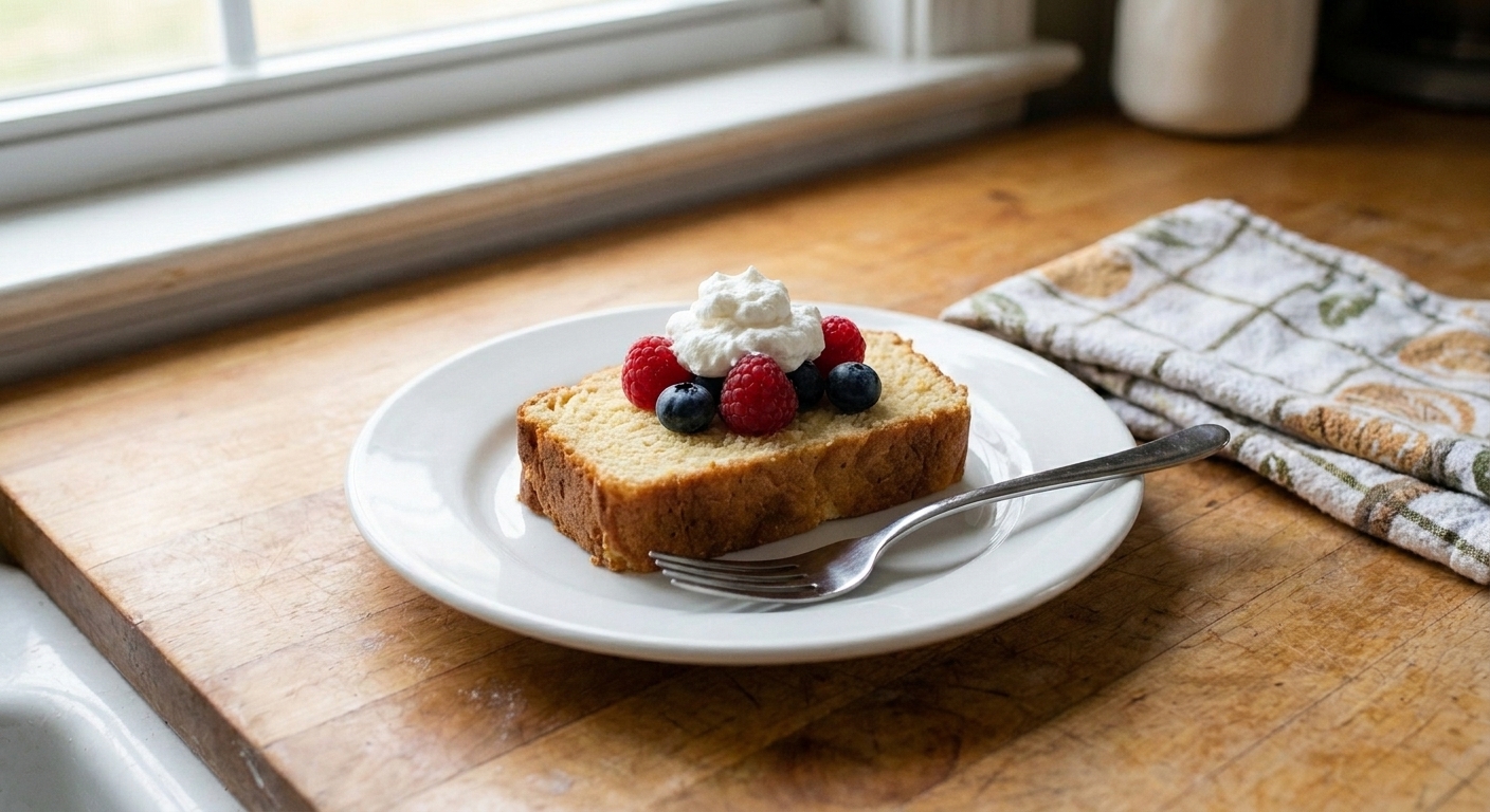 A plated slice of ice cream bread topped with a small dollop of whipped cream and a few berries on a simple table setting with a fork