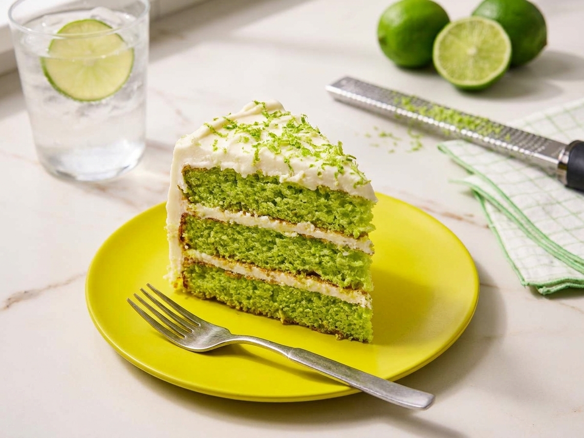 A plated slice of key lime cake with creamy frosting and fresh lime zest on top, set on a simple table setting