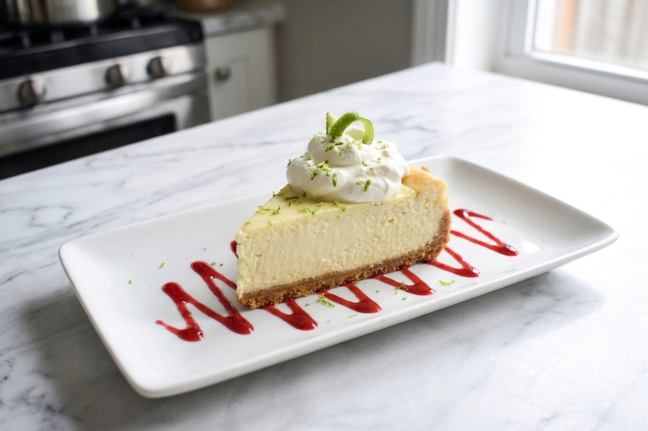 A plated slice of key lime cheesecake with a dollop of whipped cream and fresh lime zest