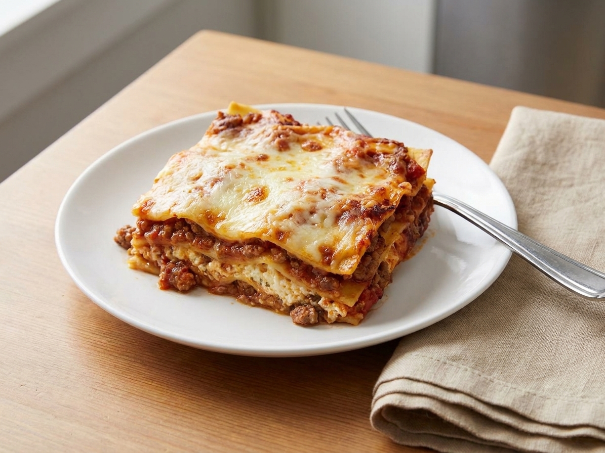 A plated slice of lasagna with a fork on the side, set at a simple dinner table with a linen napkin