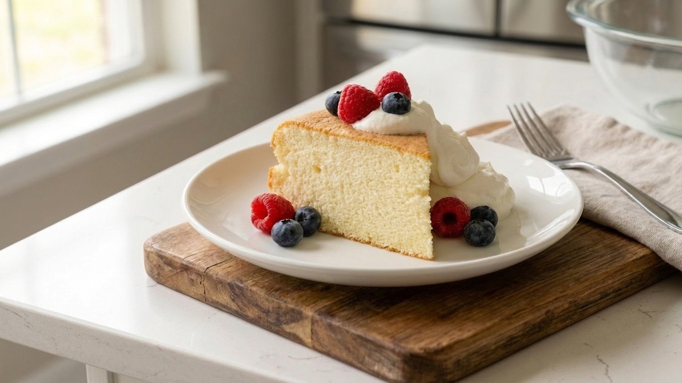 A plated slice of light sponge cake topped with strawberries and whipped cream on a simple dinner table setting with soft natural light