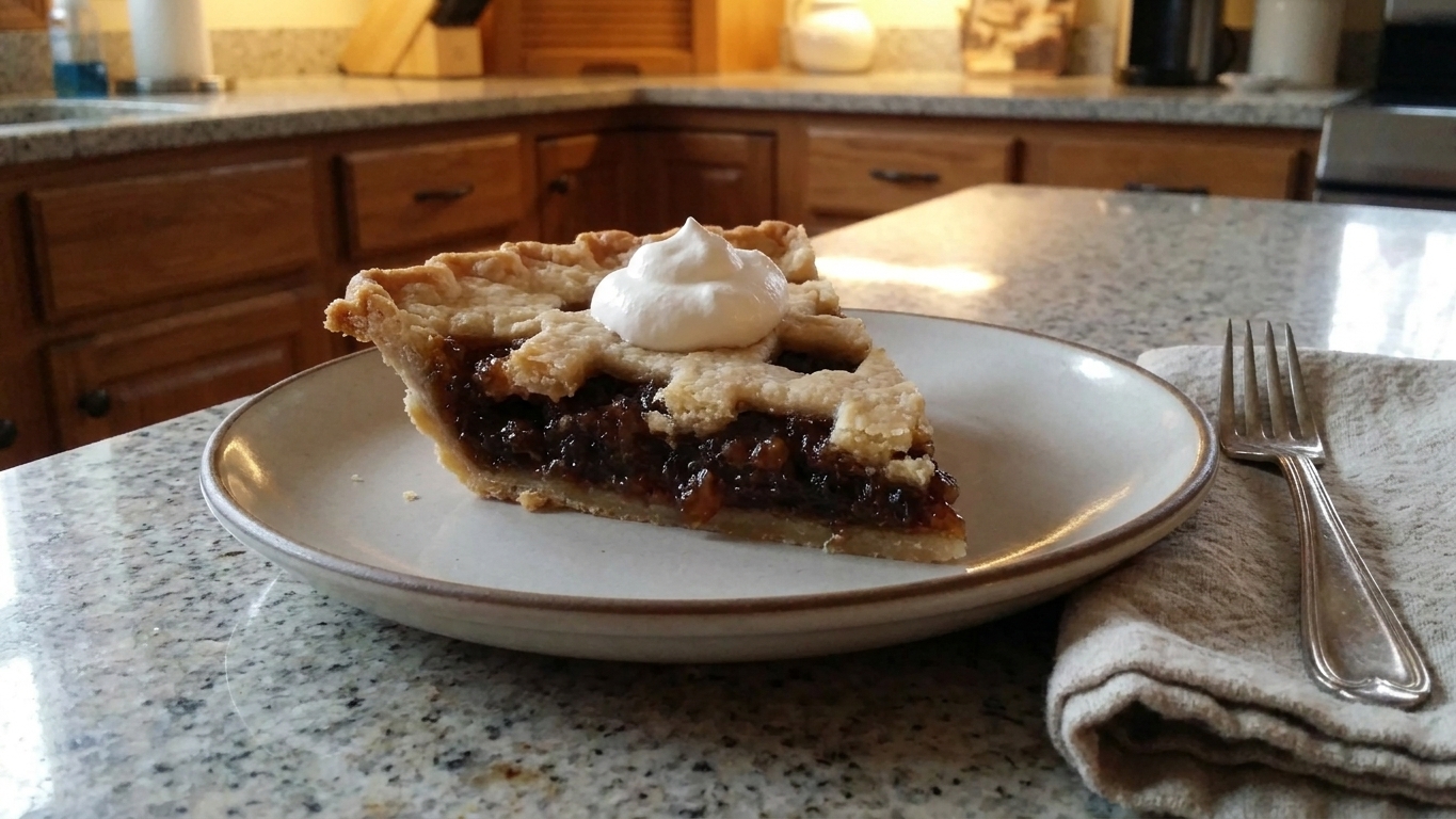 A plated slice of mincemeat pie topped with a small dollop of whipped cream on a simple table setting