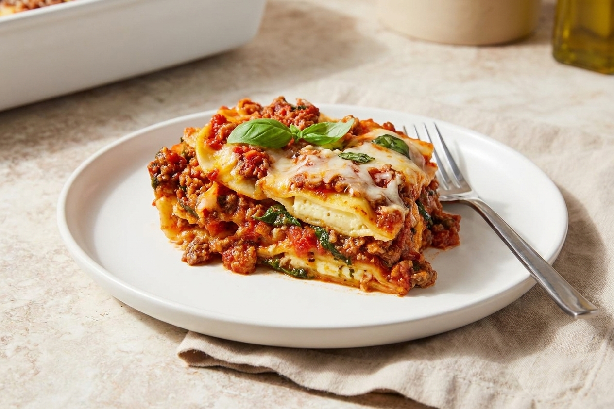 A plated slice of ravioli lasagna with visible layers of ravioli, sauce, and melted cheese, served on a simple white plate at a dinner table