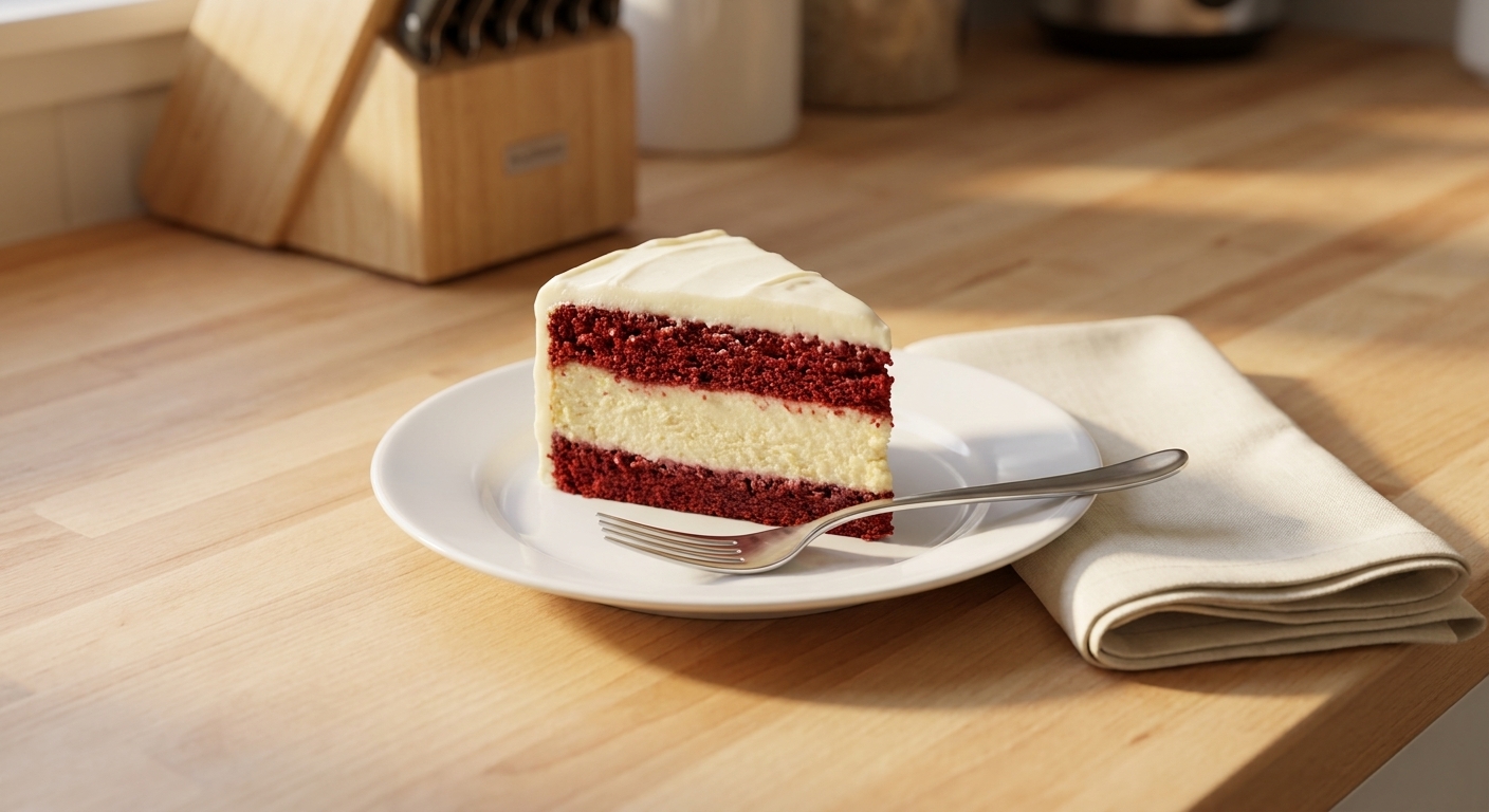 A plated slice of red velvet cheesecake with a fork and napkin on a simple dessert table setting in warm natural light