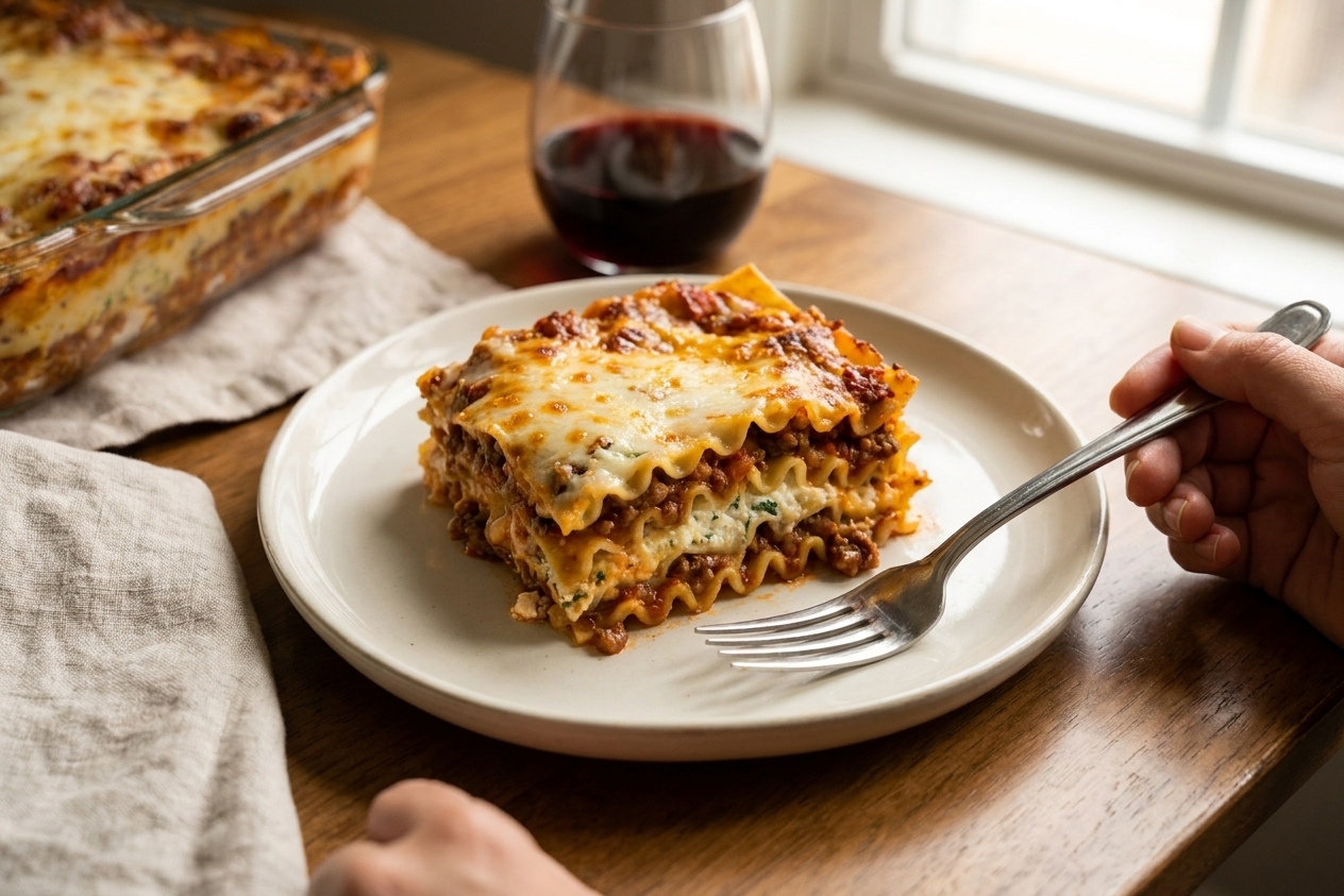 A plated slice of ricotta lasagna with visible layers of noodles, meat sauce, and melted cheese on a simple dinner plate at a table setting